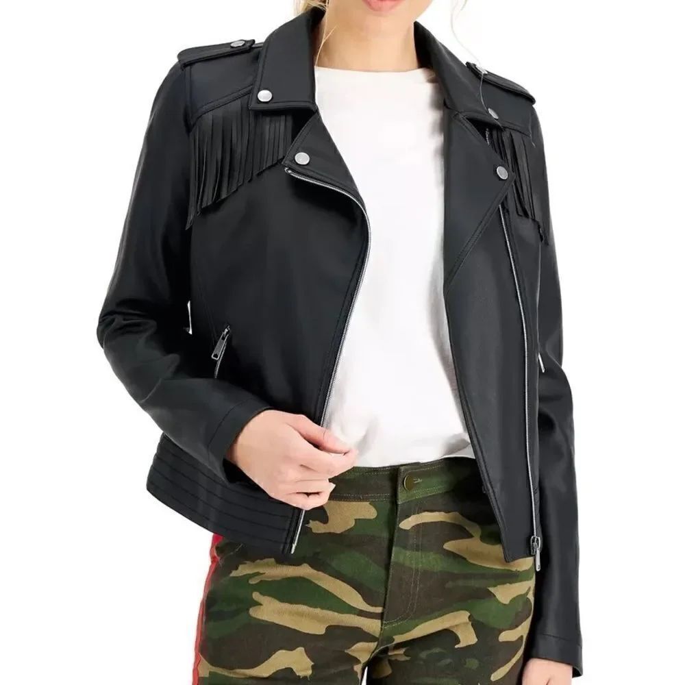 CoffeeShop Juniors Faux-Leather Fringe Moto Jacket Black Small New